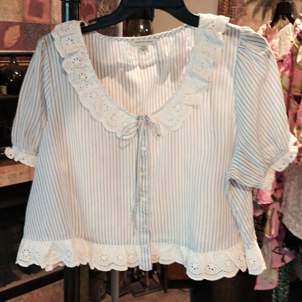FINAL PRICE American Eagle Blue & White Striped Blouse w Ruffled Trim L
